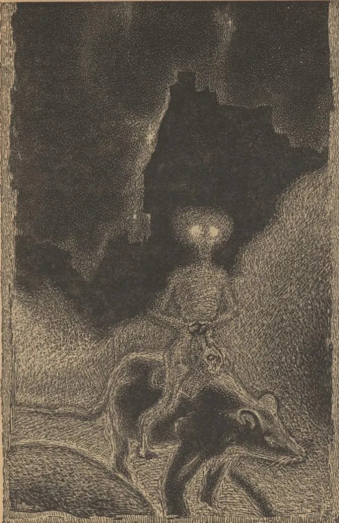 The original Bright Eyes
                    illustration by Dennis Smith. Here is Ellison's 
                    description: It was a scene on a foggy landscape, with a
                    milk-wash of stars dripping down the sky, a dim outline of
                    battlements in the distance, and in the foreground, 
                    a weird phosphorescent creature with great luminous 
                    eyes, holding a bag of skulls, astride a giant rat,
		    padding toward me.